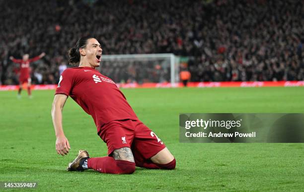 Darwin Nunez of Liverpool celebrates The Second owen goal by Leicester Citys W. Faes during the Premier League match between Liverpool FC and...