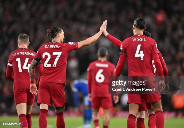 Darwin Nunez of Liverpool celebrates The Second owen goal by Leicester Citys W. Faes during the Premier League match between Liverpool FC and...