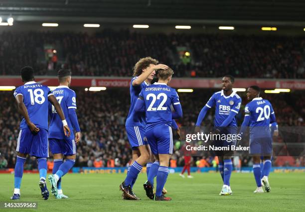 Kiernan Dewsbury-Hall of Leicester City celebrates with teammate Wout Faes after scoring their side's first goal during the Premier League match...