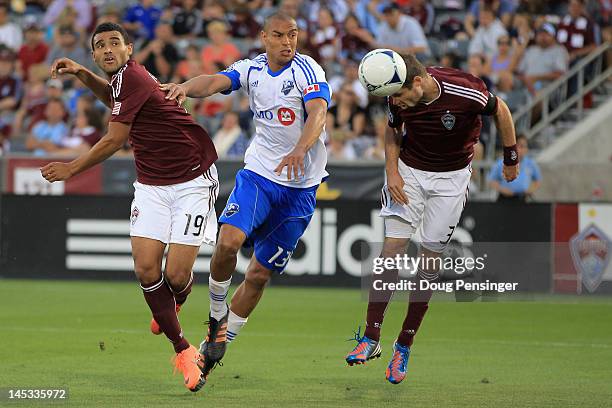 Drew Moor of the Colorado Rapids scores on a head ball in the 39th minute against the Montreal Impact at Dick's Sporting Goods Park on May 26, 2012...