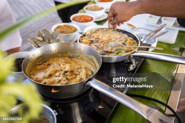 maledivisches thunfischcurry in stahlpfanne in der küche mit kokoscrememilch und gewürzen kochen - malediven stock-fotos und bilder