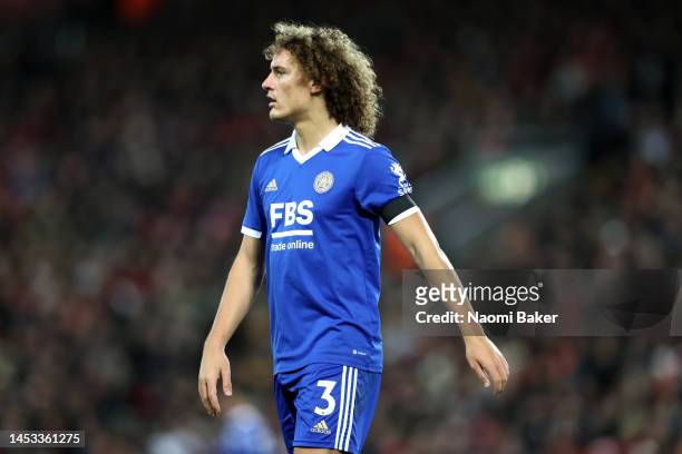 Wout Faes of Leicester City reacts during the Premier League match between Liverpool FC and Leicester City at Anfield on December 30, 2022 in...
