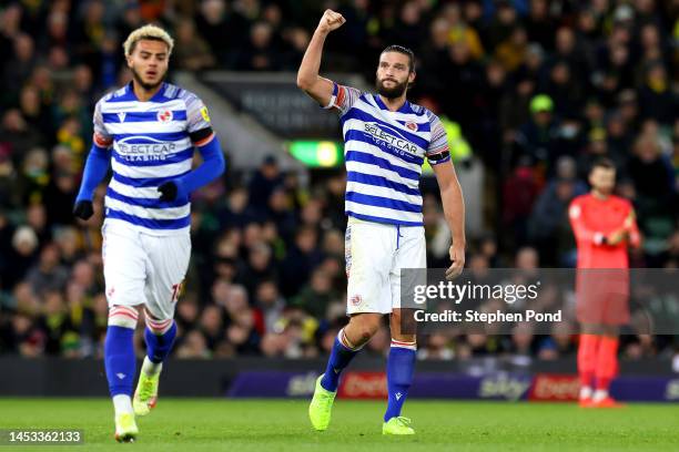 Andy Carroll of Reading celebrates scoring during the Sky Bet Championship match between Norwich City and Reading at Carrow Road on December 30, 2022...