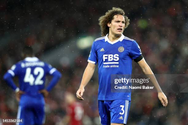 Wout Faes of Leicester City reacts during the Premier League match between Liverpool FC and Leicester City at Anfield on December 30, 2022 in...