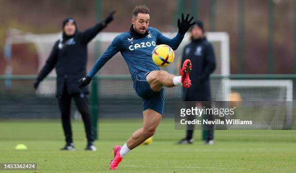 Danny Ings of Aston Villa in action during a training session at Bodymoor Heath training ground on December 30, 2022 in Birmingham, England.
