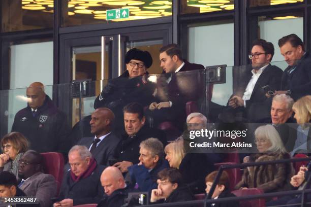 West Ham co-owner David Sullivan and West Ham director Jack Sullivan watch on during the Premier League match between West Ham United and Brentford...