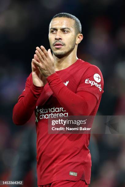 Thiago Alcantara of Liverpool applauds the fans following the Premier League match between Liverpool FC and Leicester City at Anfield on December 30,...