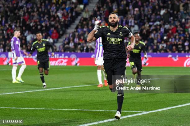 Karim Benzema of Real Madrid celebrates after scoring their side's first goal during the LaLiga Santander match between Real Valladolid CF and Real...