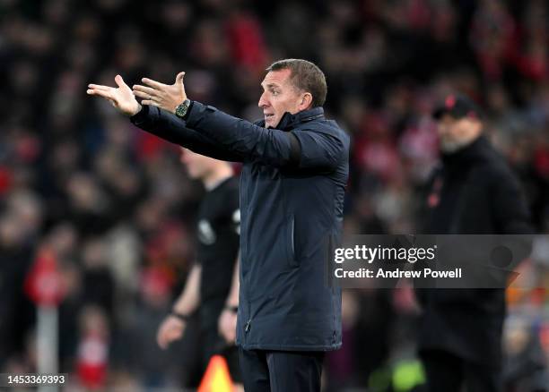 Brendan Rodgers manager of Leicester City during the Premier League match between Liverpool FC and Leicester City at Anfield on December 30, 2022 in...