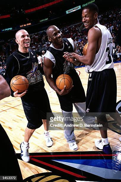 Jason Kidd of the New Jersey Nets, Michael Jordan of the Washington Wizards and Ray Allen of the Milwaukee Bucks during practice before the 2002 NBA...