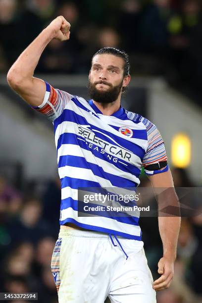 Andy Carroll of Reading celebrates scoring during the Sky Bet Championship match between Norwich City and Reading at Carrow Road on December 30, 2022...