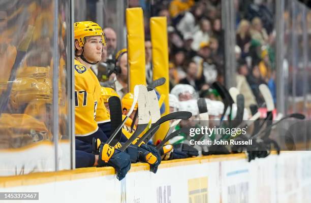 Mark Jankowski of the Nashville Predators prepares for a shift against the Dallas Stars during an NHL game at Bridgestone Arena on December 27, 2022...