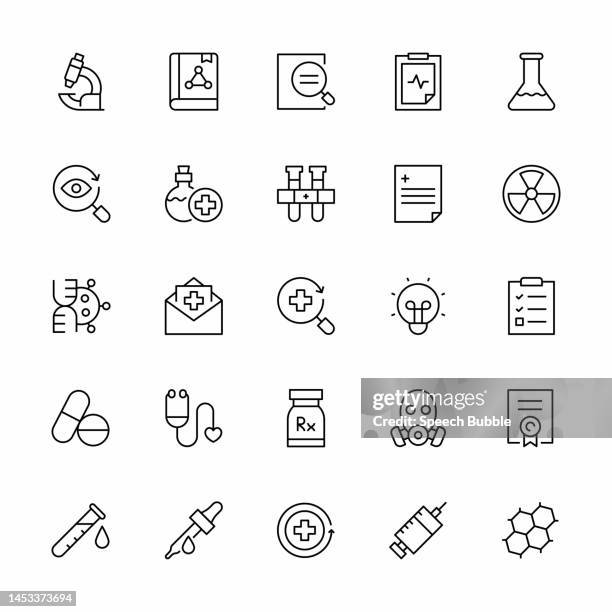 illustrations, cliparts, dessins animés et icônes de jeu d’icônes de ligne de recherche médicale. - microscope