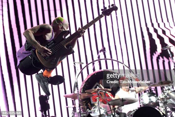 Flea and Chad Smith of Red Hot Chili Peppers perform during day three of the Austin City Limits Music Festival at Zilker Park on October 9, 2022 in...