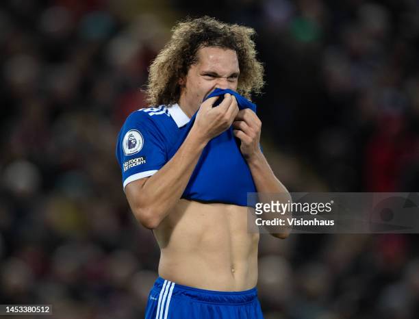 Wout Faes of Leicester City during the Premier League match between Liverpool FC and Leicester City at Anfield on December 30, 2022 in Liverpool,...