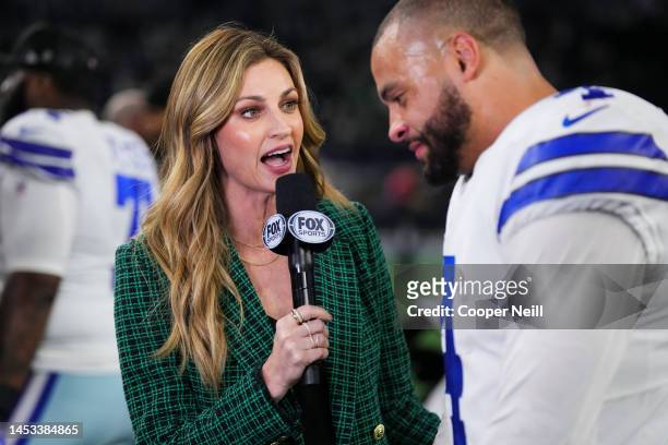 Erin Andrews speaks with Dak Prescott of the Dallas Cowboys after the game against the Philadelphia Eagles at AT&T Stadium on December 24, 2022 in...