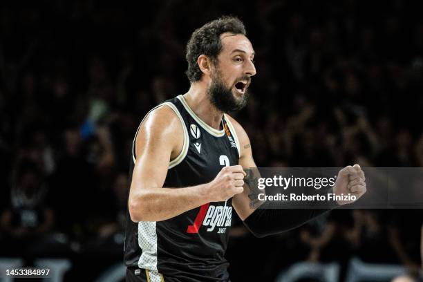 Marco Belinelli of Virtus Segafredo Bologna celebrates in action during the 2022-23 Turkish Airlines EuroLeague Regular Season Round 16 game between...