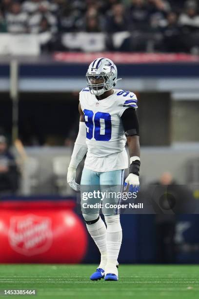 DeMarcus Lawrence of the Dallas Cowboys defends against the Philadelphia Eagles at AT&T Stadium on December 24, 2022 in Arlington, Texas.