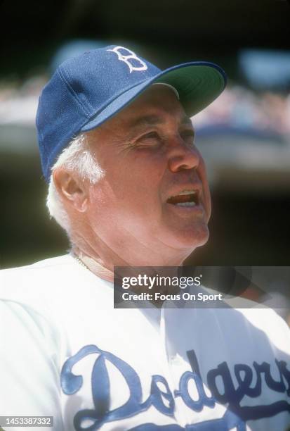 Former Brooklyn/Los Angeles Dodger Duke Snider looks on prior to the start of an Old Timers Game before a Major League Baseball game circa 1987 at...