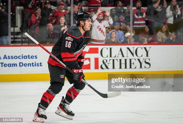 Teuvo Teravainen of the Carolina Hurricanes celebrates after scoring a goal during the second period against the Florida Panthers at PNC Arena on...