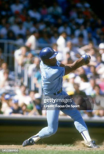 Bo Jackson of the Kansas City Royals bats against the New York Yankees during a Major League Baseball game circa 1989 at Yankee Stadium in the Bronx...