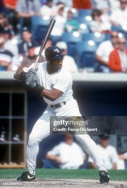 Bo Jackson of the Chicago White Sox bats during a Major League Baseball game circa 1991 at Comiskey Park in Chicago, Illinois. Jackson played for the...