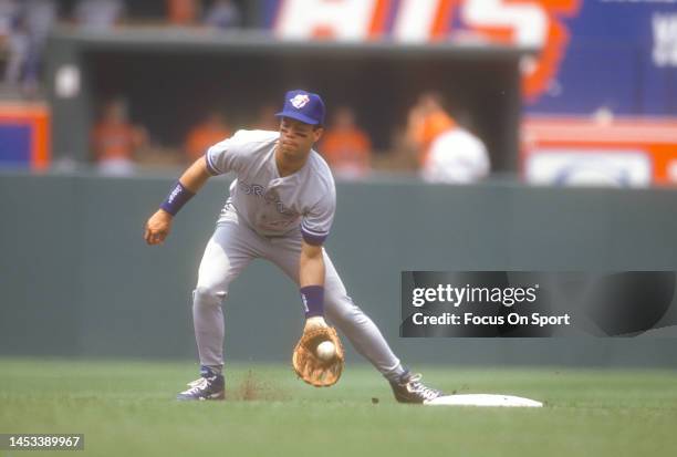Roberto Alomar of the Toronto Blue Jays in action against the Baltimore Orioles during a Major League Baseball game circa 1992 at Oriole Park at...