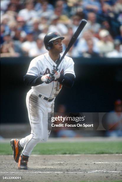 Roberto Alomar of the Baltimore Orioles bats during a Major League Baseball game circa 1996 at Oriole Park at Camden Yards in Baltimore, Maryland....