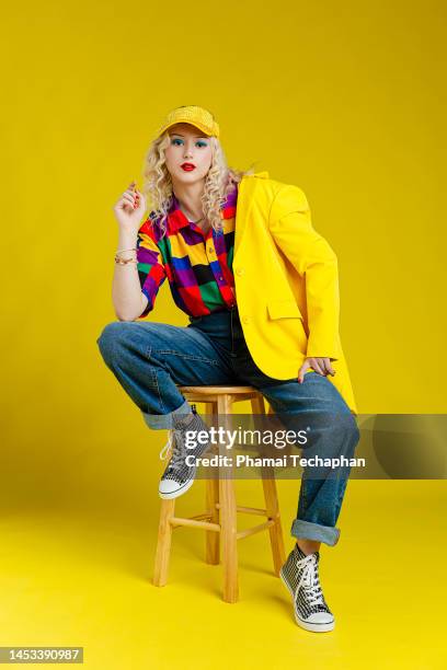 beautiful woman wearing colorful shirt - blazer foto e immagini stock