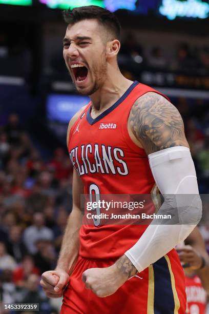 Willy Hernangomez of the New Orleans Pelicans reacts during the first half against the Philadelphia 76ers at the Smoothie King Center on December 30,...