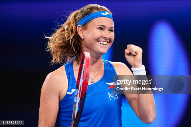 Marie Bouzkova of Czech Republic celebrates victory in the Group C match against Jule Niemeier of Germany during day three of the 2023 United Cup at...