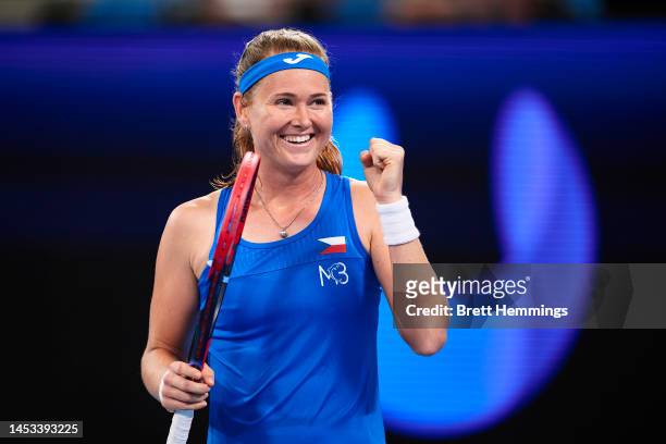 Marie Bouzkova of Czech Republic celebrates victory in the Group C match against Jule Niemeier of Germany during day three of the 2023 United Cup at...