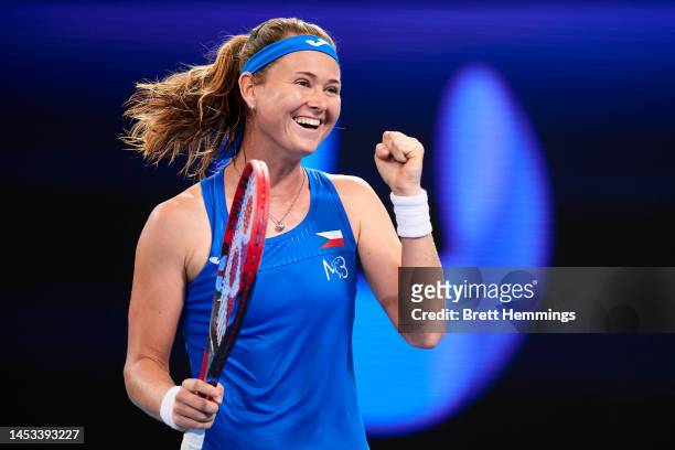 Marie Bouzkova of Czech Republic celebrates victory in the Group C match against Jule Niemeier of Germany during day three of the 2023 United Cup at...