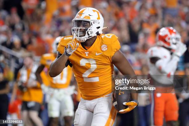 Jabari Small of the Tennessee Volunteers celebrates after scoring a touchdown against the Clemson Tigers during the second quarter of the Capital One...