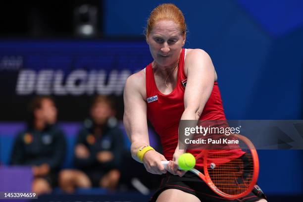 Alison van Uytvanck of Belgium plays a backhand in the Women's singles match against Isabella Shinikova of Bulgaria during day three of the 2023...