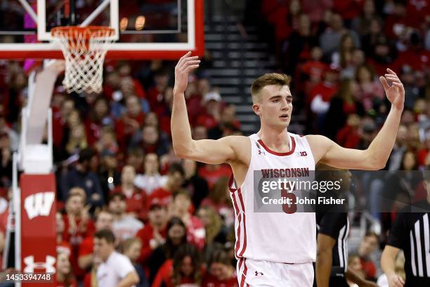 Tyler Wahl of the Wisconsin Badgers reacts after a basket during the second half of the game against the Western Michigan Broncos at Kohl Center on...