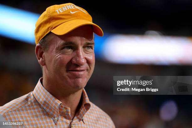 Former Quarterback Peyton Manning looks on prior to the Capital One Orange Bowl between the Tennessee Volunteers and the Clemson Tigers at Hard Rock...