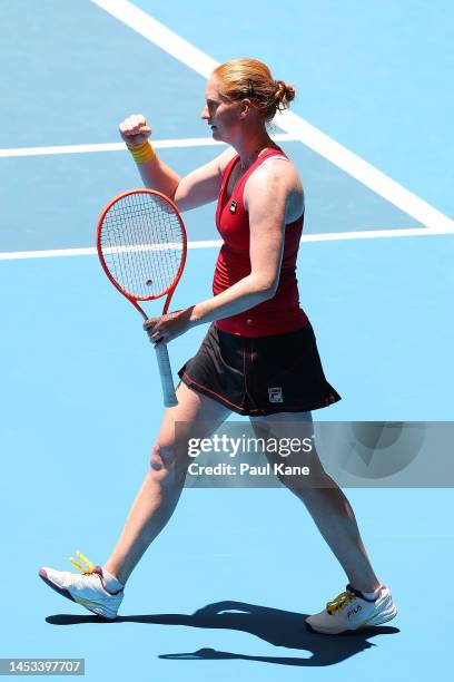 Alison van Uytvanck of Belgium celebrates defeating Isabella Shinikova of Bulgaria in the Women's singles match during day three of the 2023 United...