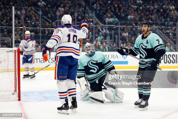 Philipp Grubauer and Jordan Eberle of the Seattle Kraken react after a goal by Zach Hyman of the Edmonton Oilers during the first period at Climate...