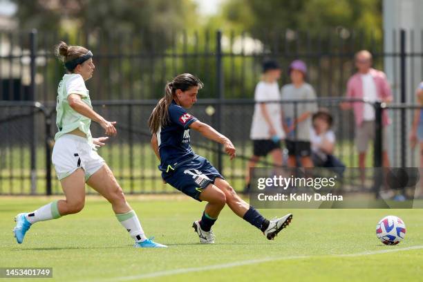 Alexandra Chiadiac of Victory kicks a goal during the round eight A-League Women's match between Melbourne Victory and Canberra United at C.B. Smith...