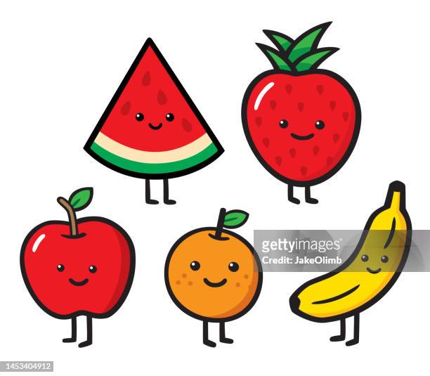 cute fruit doodles - kawaii food stock illustrations