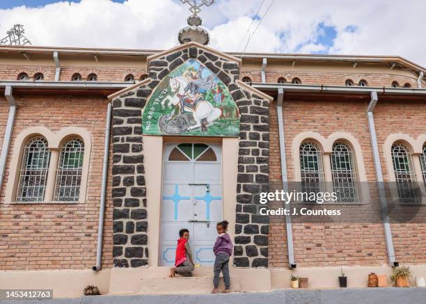 Children play on the grounds of Qudus Ghiorghis church just outside of the city of Asmara on December 30, 2022 in Asmara, Eritrea. Asmara was...