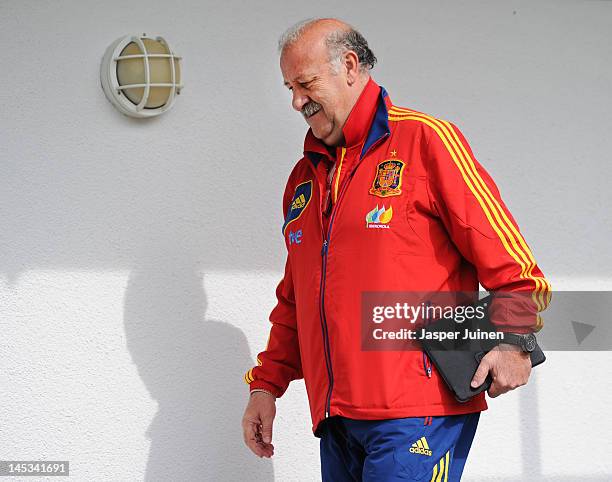 Head coach Vicente del Bosque of Spain walks past the players dressing room prior to a training session on May 27, 2012 in Schruns, Austria.