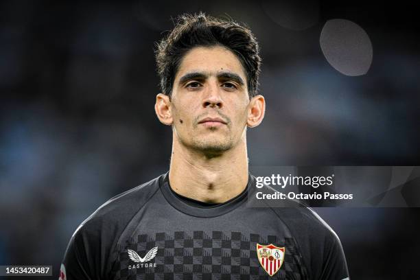 Yassine Bono of Sevilla FC looks on during the LaLiga Santander match between RC Celta and Sevilla FC at Estadio Balaidos on December 30, 2022 in...