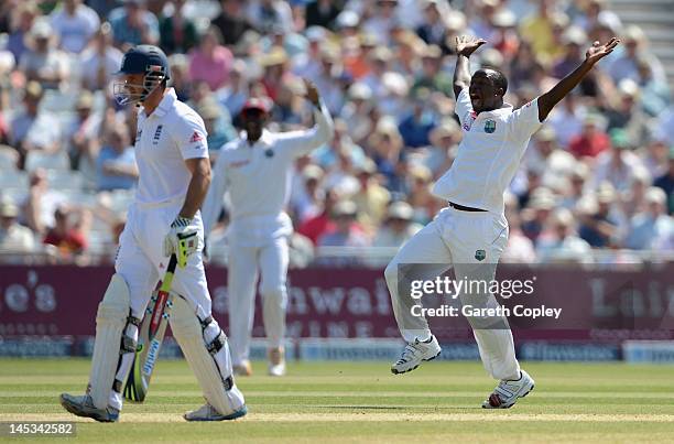 Kemar Roach of the West Indies successfully appeals for the wicket Ian Bell of England during day three of the second Test match between England and...