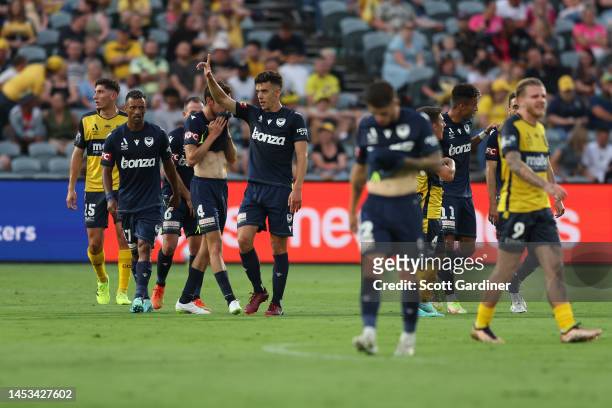 Kadete of Victory celebrates his goal during the round 10 A-League Men's match between Central Coast Mariners and Melbourne Victory at Central Coast...