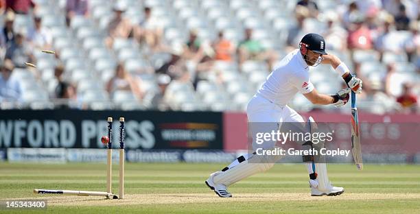 Matt Prior of England is bowled by Darren Sammy of the West Indies during day three of the second Test match between England and the West Indies at...