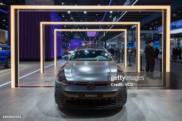 Volkswagen Golf GTI sedan is on display during the 20th Guangzhou International Automobile Exhibition at Canton Fair Complex on December 30, 2022 in...