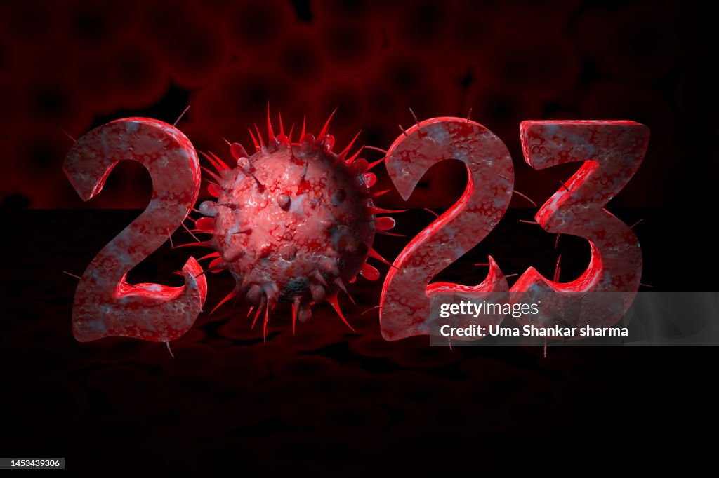 The new year 2023 is written in 3D with Coronavirus omicron variant BF 7 instead of zero.
