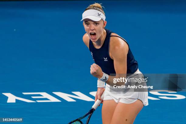 Katie Swan of Great Britain celebrates winning a point in the Group D match against Nuria Parrizas Diaz of Spain during day three of the 2023 United...